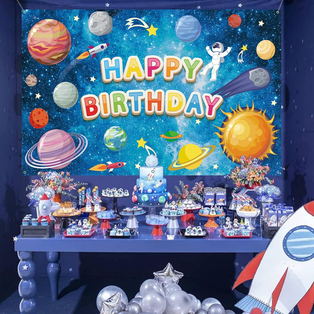 Space Happy Birthday Backdrop Banner - Large Blue Astronaut Galaxy Photo Background for Kids' Party Decor