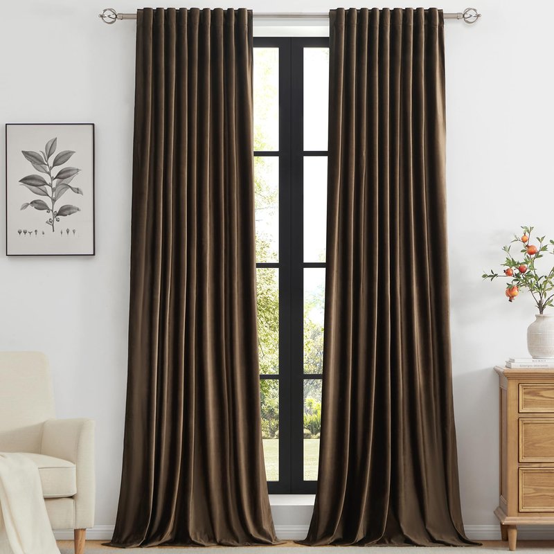 PRIMROSE Brown Polyester Velvet Curtains 102 inch Long for Living Room,Set of 2 Panels Blackout Rod Pocket Back Tab Window Treatment Room Darkening Heavy Decorative Curtains Drapes for Bedroom