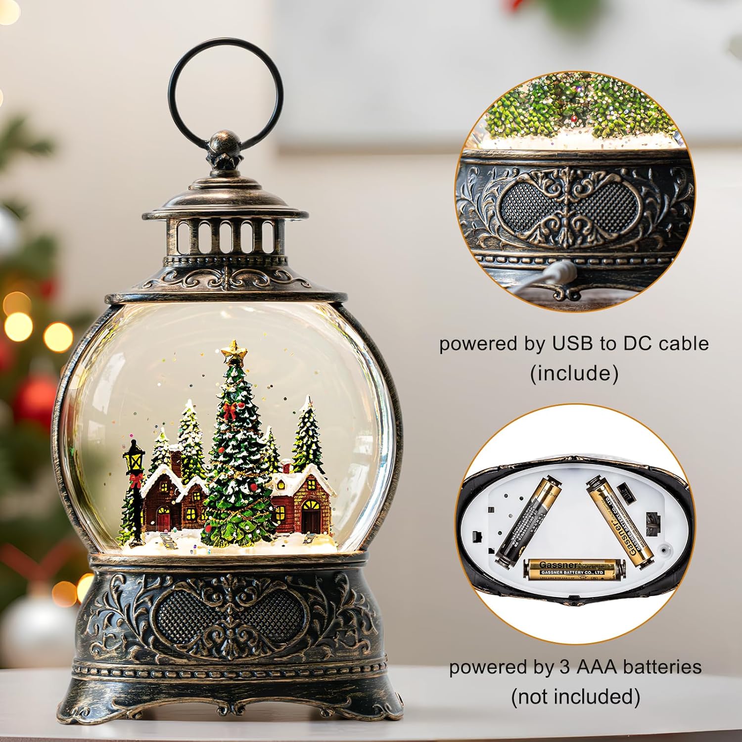 Regine Switzerland Christmas Snow Globe Lantern - Musical Water Lantern with Timer & USB/Battery Operated | Festive Holiday Decor