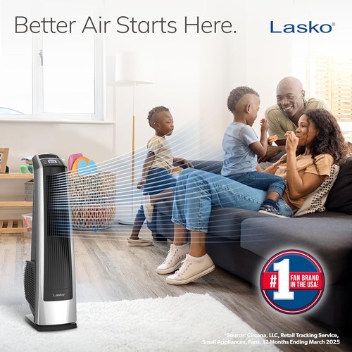 Lasko High Velocity Oscillating Tower Fan - Remote Control, Timer, 3 Speeds | 35" Silver/Black