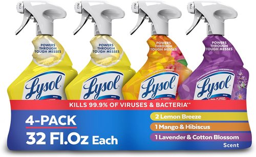 Lysol All-Purpose Cleaner Spray - Multi-Purpose Disinfectant for Kitchen & Bathroom | Lemon Breeze, Lavender & Mango Scents, 32oz (Pack of 4)