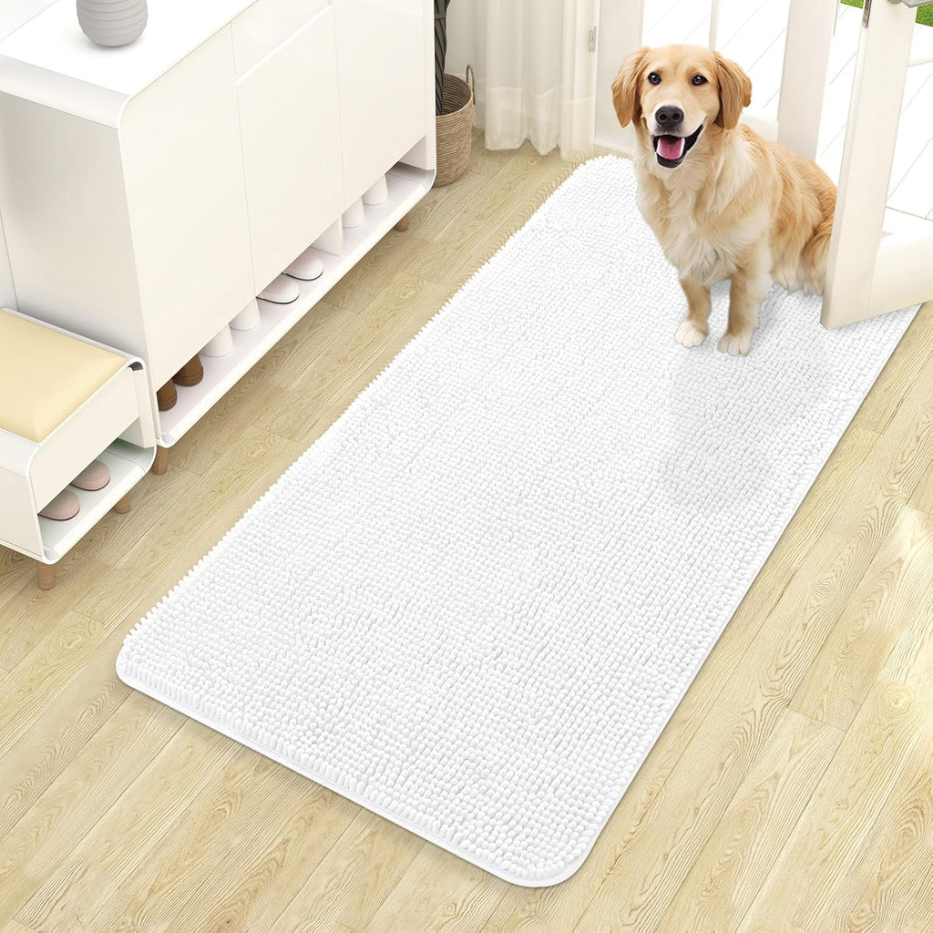 OLANLY Dog Door Mat - Absorbent Non-Slip Chenille Mat for Muddy Paws | 44x24 Inches, Quick Dry, White