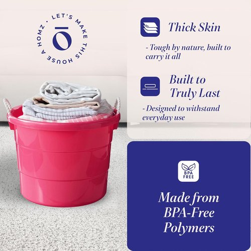 HOMZ 18 Gallon Utility Tub - Large Pink Plastic Storage Bucket with Rope Handles for Indoor & Outdoor Use
