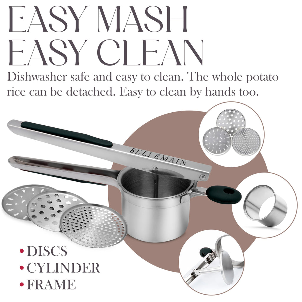 Bellemain 15 oz Large Potato Ricer | Heavy-Duty Stainless Steel Potato Ricer & Masher | Perfect for Mashed Potatoes | Kitchen Tool with 3 Interchangeable Discs (Black)