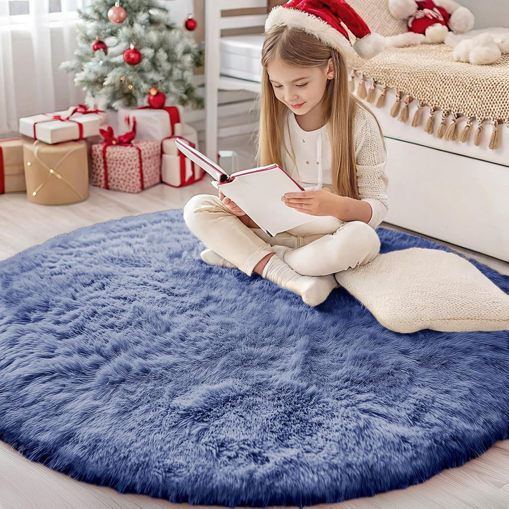 OLANLY Denim Blue Round Rug - Soft, Machine Washable 4 ft Circle Area Rug for Bedroom & Living Room Decor