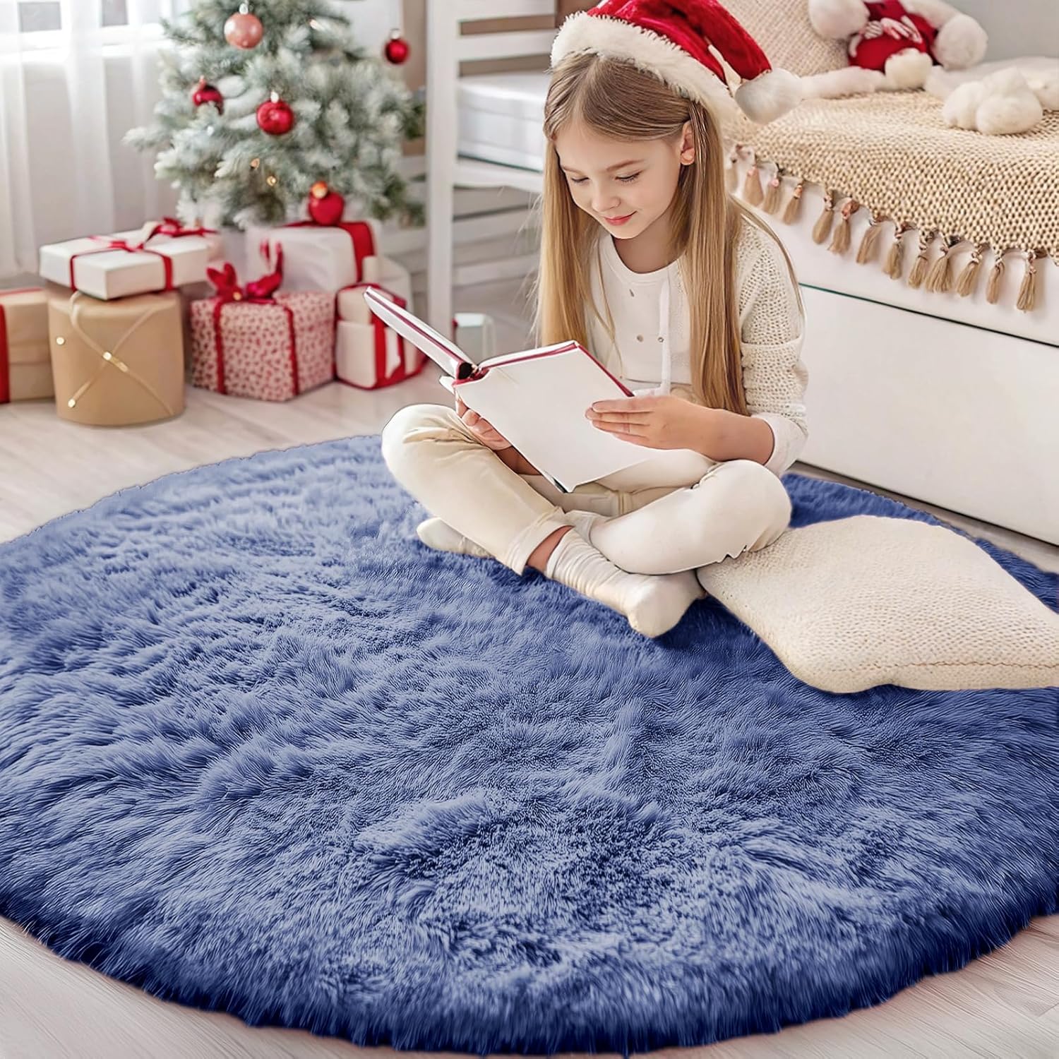 OLANLY Denim Blue Round Rug - Soft, Machine Washable 4 ft Circle Area Rug for Bedroom & Living Room Decor