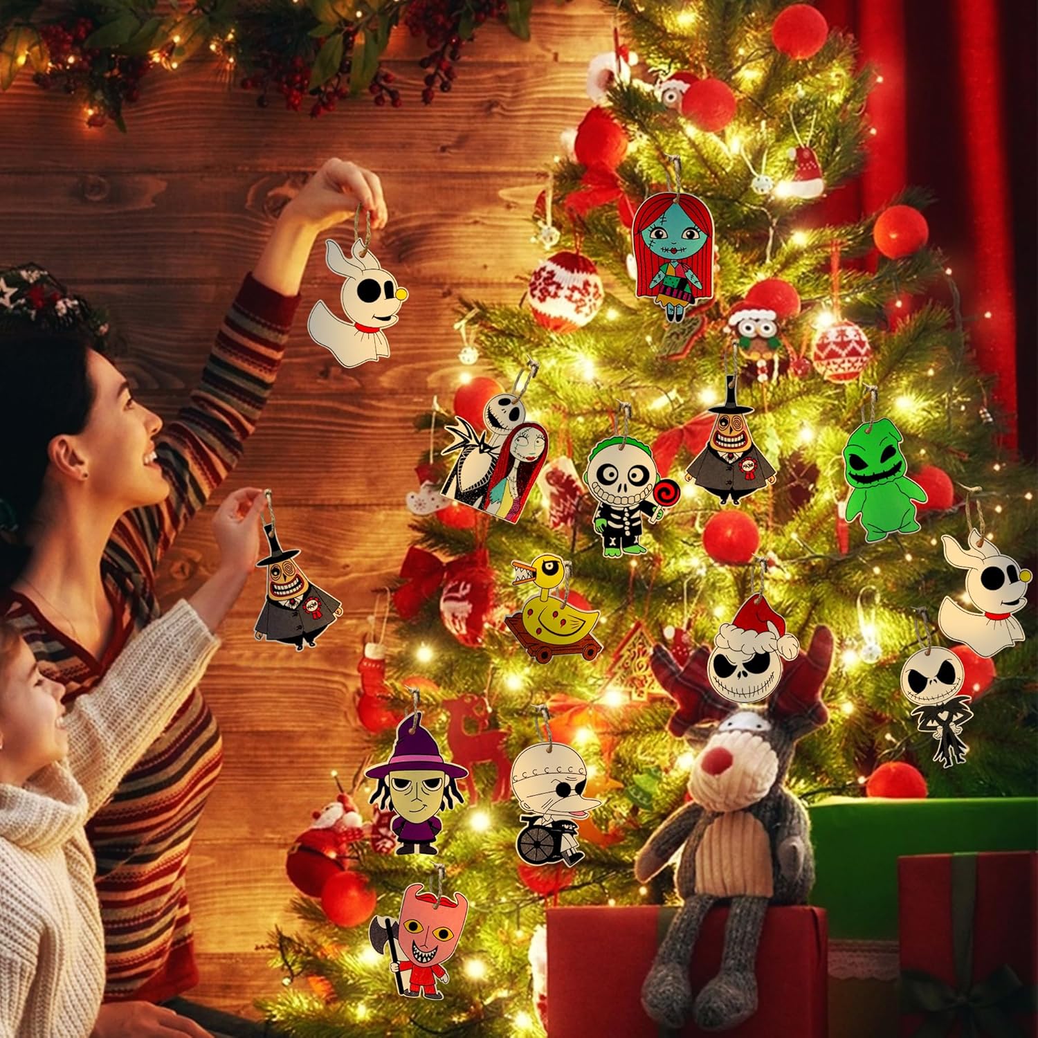 Skiennix 36 PCS Halloween & Christmas Nightmare Ornaments - Wooden Hanging Decorations for Indoor Party Decor