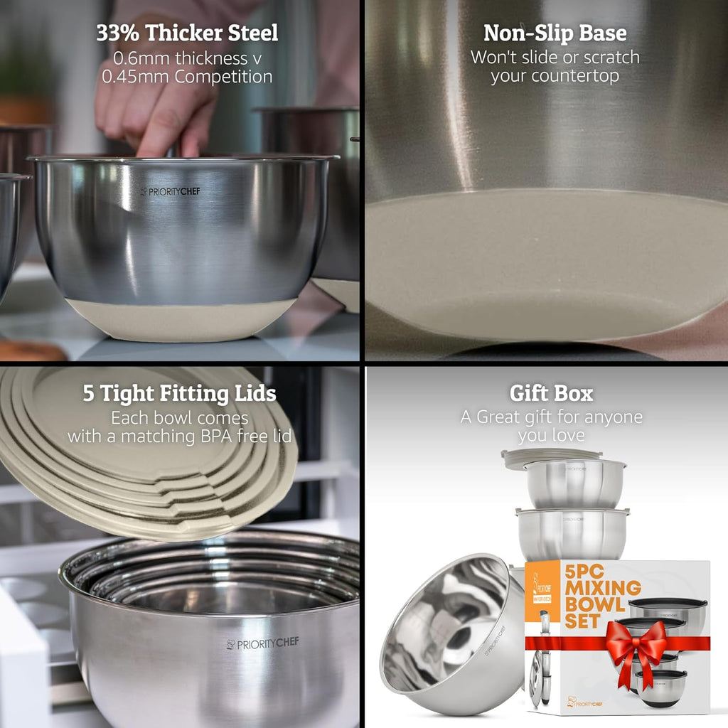 Priority Chef Premium Mixing Bowls Set - Airtight Lids, Non-Slip Base, 5 Nesting Bowls (1.5-5 Qt) - Khaki