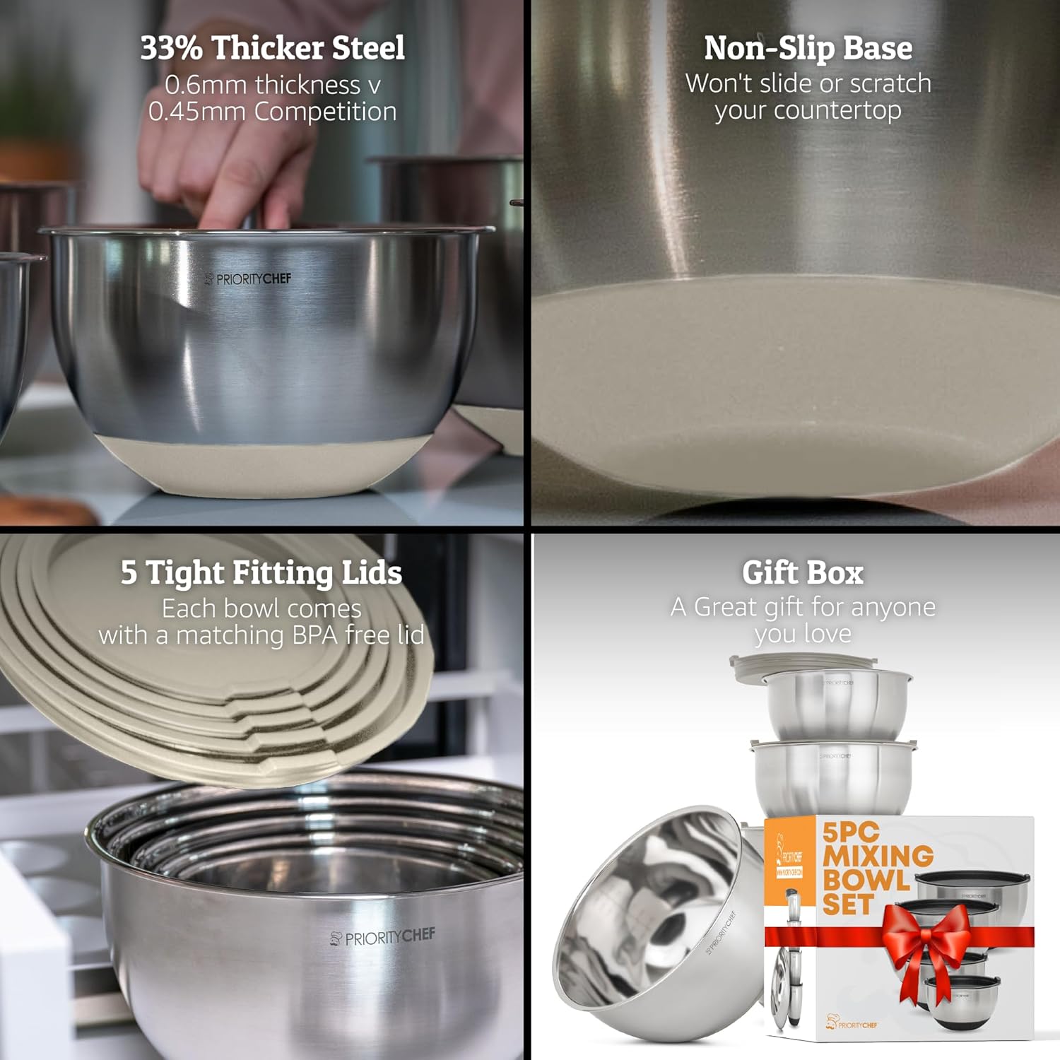 Priority Chef Premium Mixing Bowls Set - Airtight Lids, Non-Slip Base, 5 Nesting Bowls (1.5-5 Qt) - Khaki