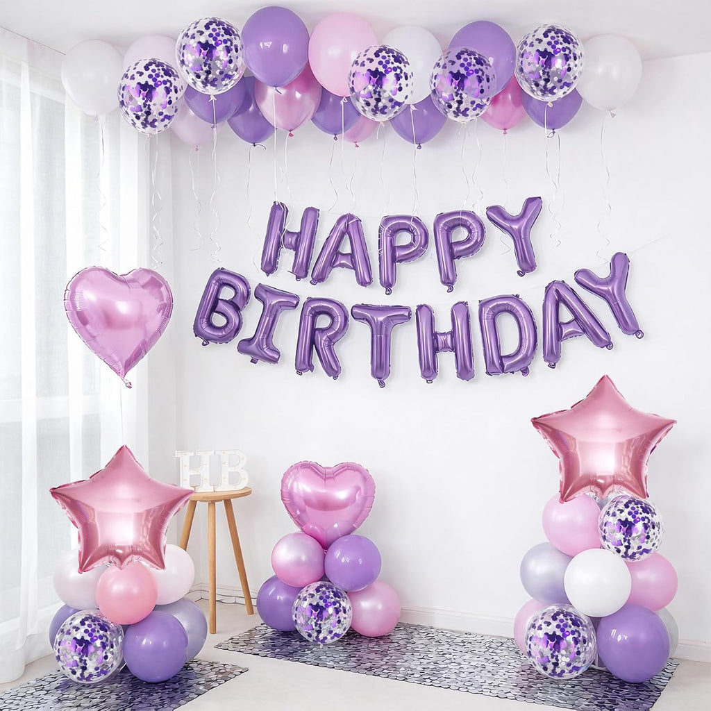 Pink Purple Birthday Decorations | Regine Switzerland Happy Birthday Balloon Banner & Confetti Balloons