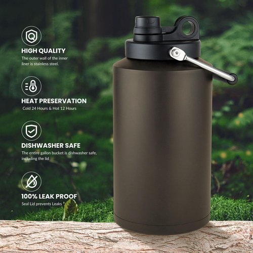 1 Gallon Water Bottle Insulated Stainless Steel Keeps Ice 48Hr, Large Water Gallon Jug Wide Mouth Leakproof Vacuum for Gym, Camping, & Construction Dark Khaki