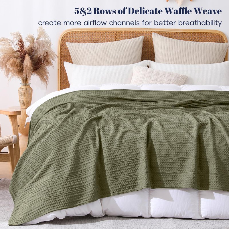 PHF Lightweight Waffle Weave Throw Blanket 50"x 60", Soft Woven Summer Blanket for Hot Sleepers - Aesthetic Home Decor for Couch Bed Sofa, Pet Friendly, Olive Green