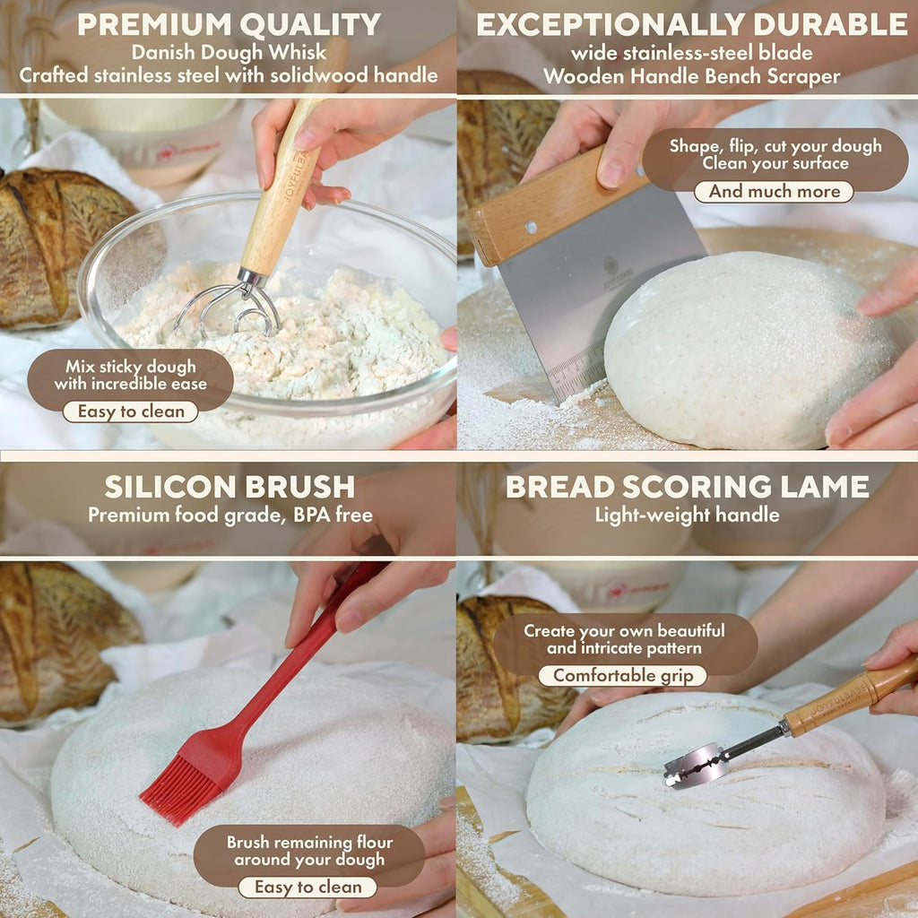 Banneton Bread Proofing Basket Set - 9-Inch Round Sourdough Starter Kit with Tools & Linen Bag
