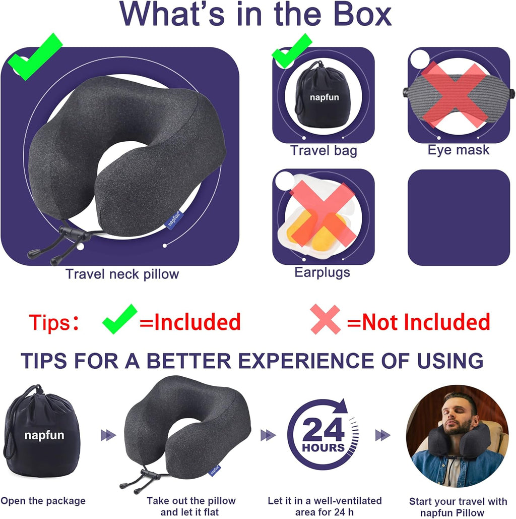 Napfun Travel Neck Pillow - Upgraded 100% Pure Memory Foam for Comfortable Airplane Sleep | Full Black