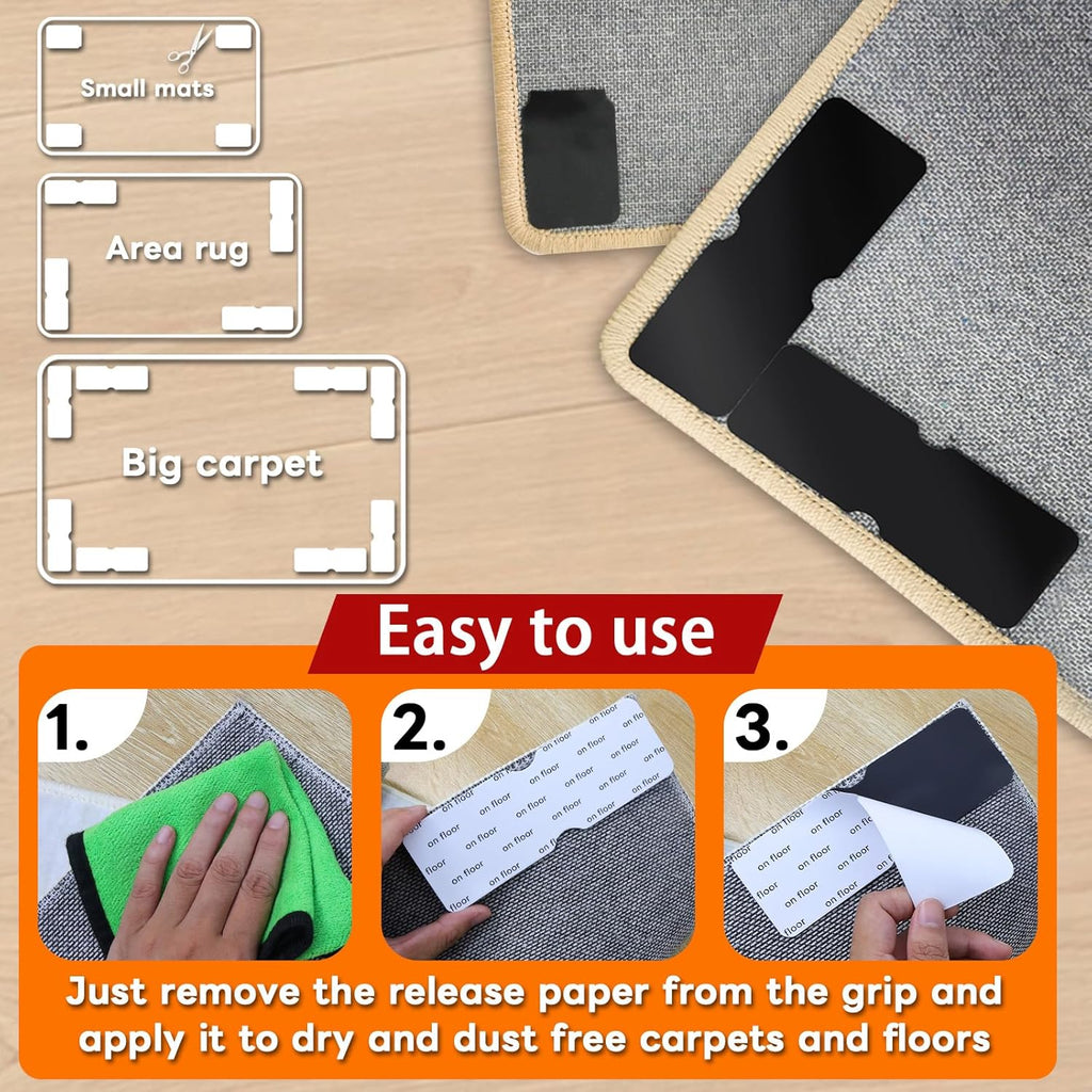 Skiennix Non-Slip Rug Grippers - Reusable Carpet Tape Pads for Hardwood & Tile Floors | 12 Pack