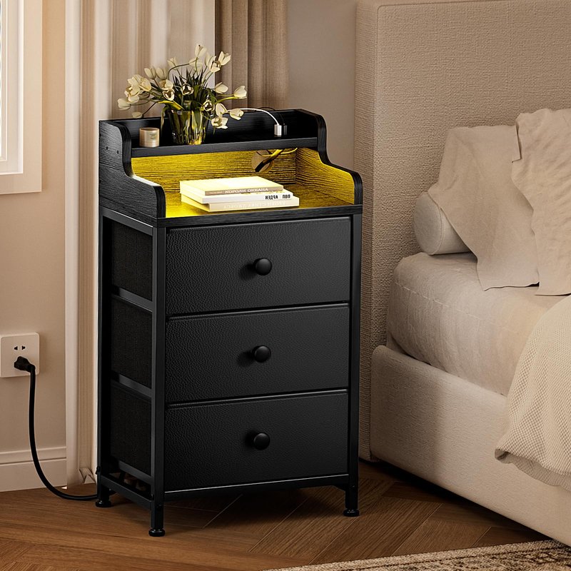 REAHOME Nightstand with Charging Station, Tall White Night Stand with 3 Drawers and 2-Tier Shelf, Bedside Table with Sturdy Steel Frame Wood Top for Bedroom, Living Room, Hallway-Black