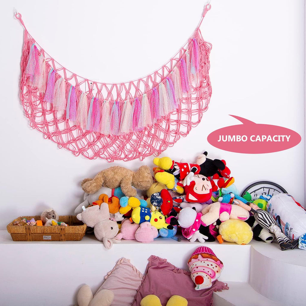 Jumbo Toy Hammock for Stuffed Animal Net Boho Macrame Toy Hammock with Led Light Stuffed Animal Storage Ideas Plush Toy Display Squishmallow Holder Net-Pink
