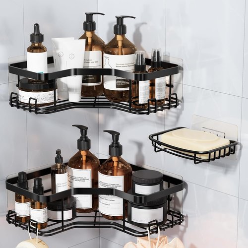 MAXIFFE Corner Shower Caddy - 3 Pack Sturdy Adhesive Organizer with Soap Holder | Black, No Drilling
