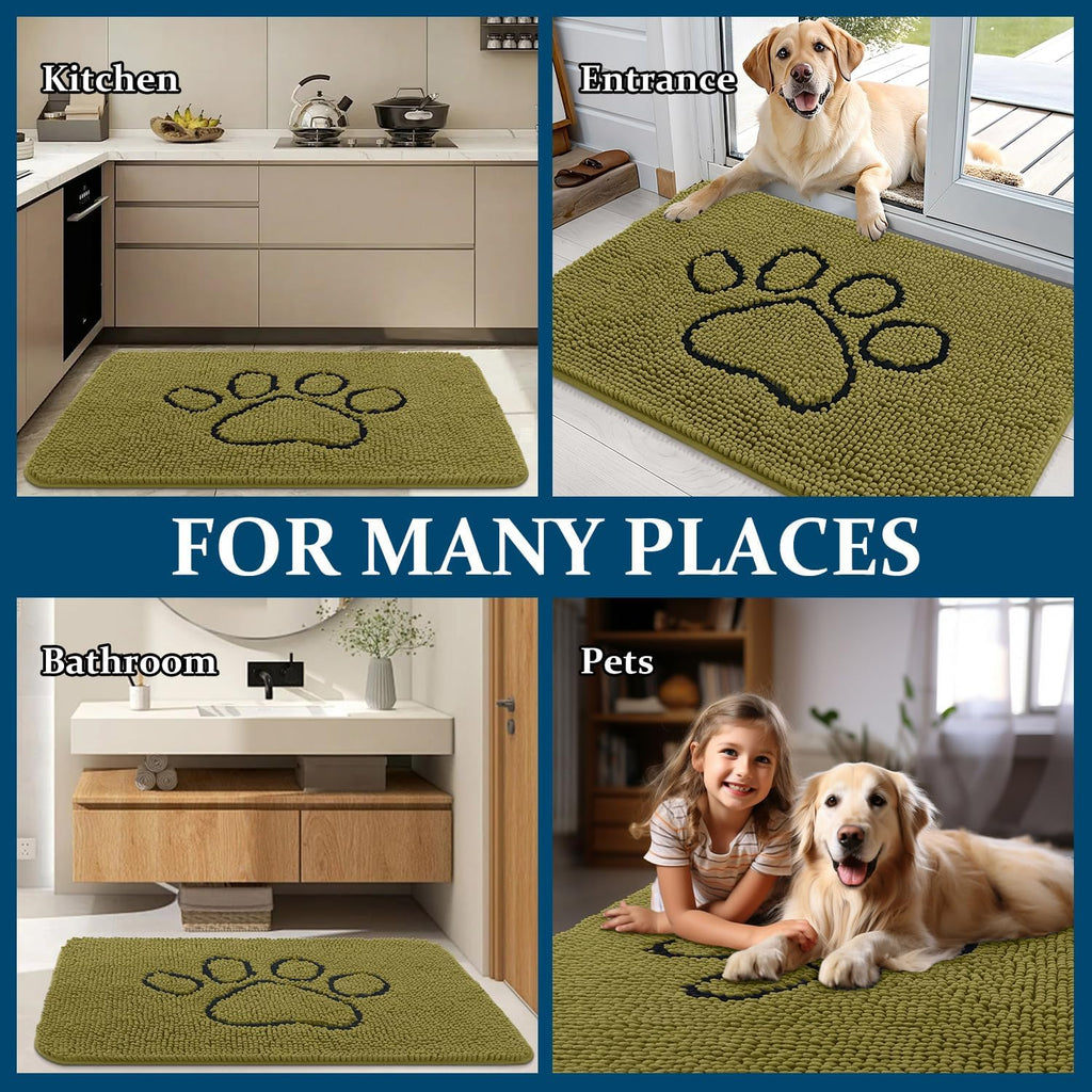 OLANLY Dog Door Mat - Absorbent Muddy Paws Doormat | Non-Slip Chenille 30x20, Willow Green