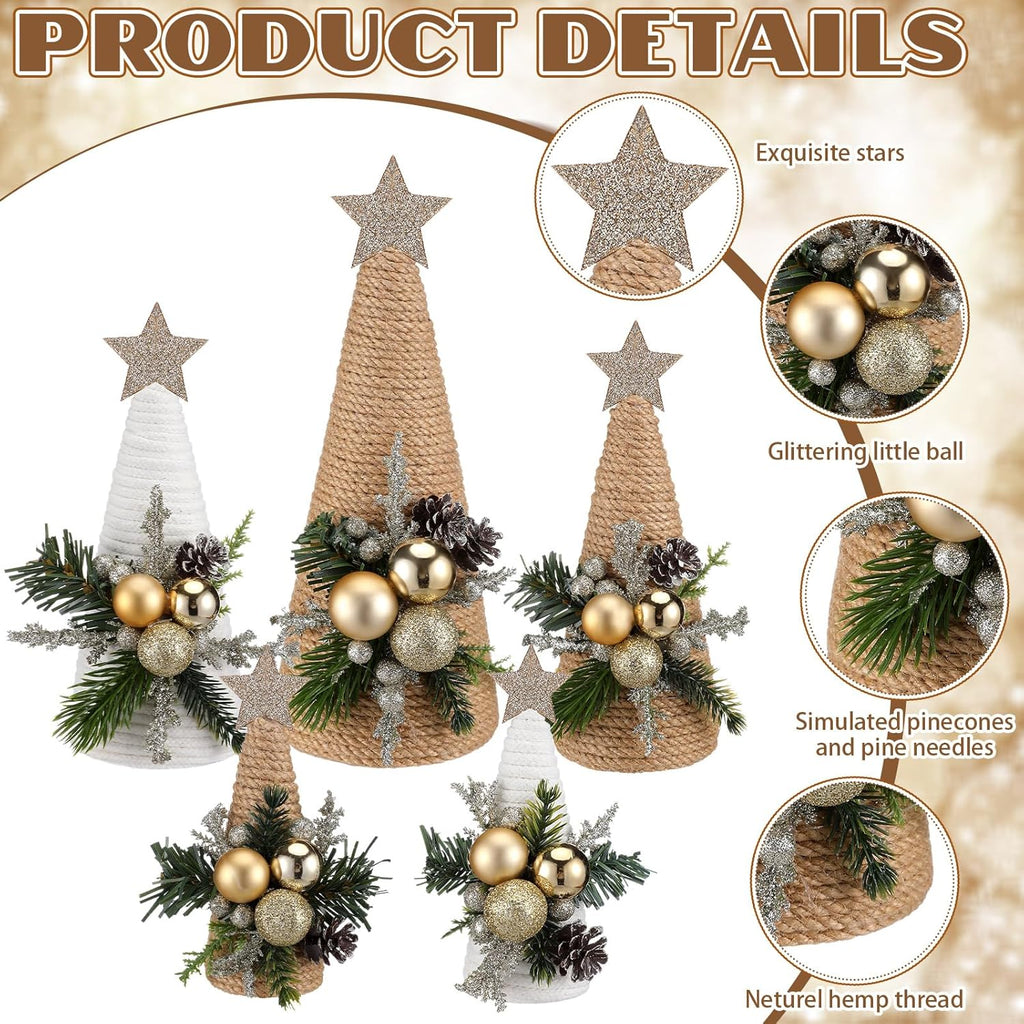 Thyle Christmas Yarn Trees - 5 Pcs Artificial Cone Tree Set with Stars | Festive Tabletop Decor