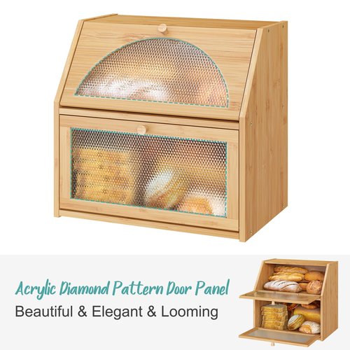 Vriccc Extra Large Bread Box for Kitchen Counter, Bamboo Wood Double Layer Bread Box for Kitchen Counter, Wooden Capacity Bread Storage Bin