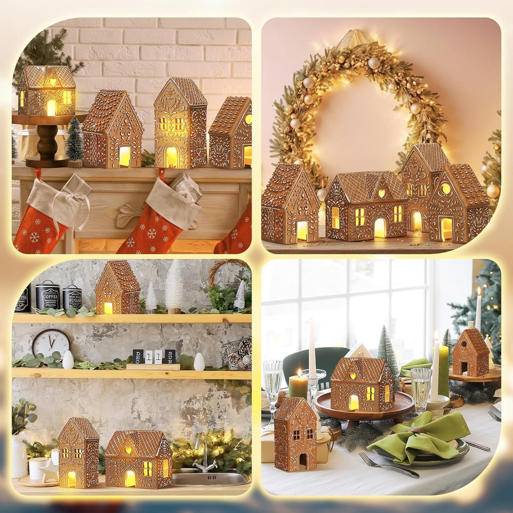 Thyle Christmas Lighted Gingerbread House Figurine - 4 Pcs Resin Village Decor with LED Lights