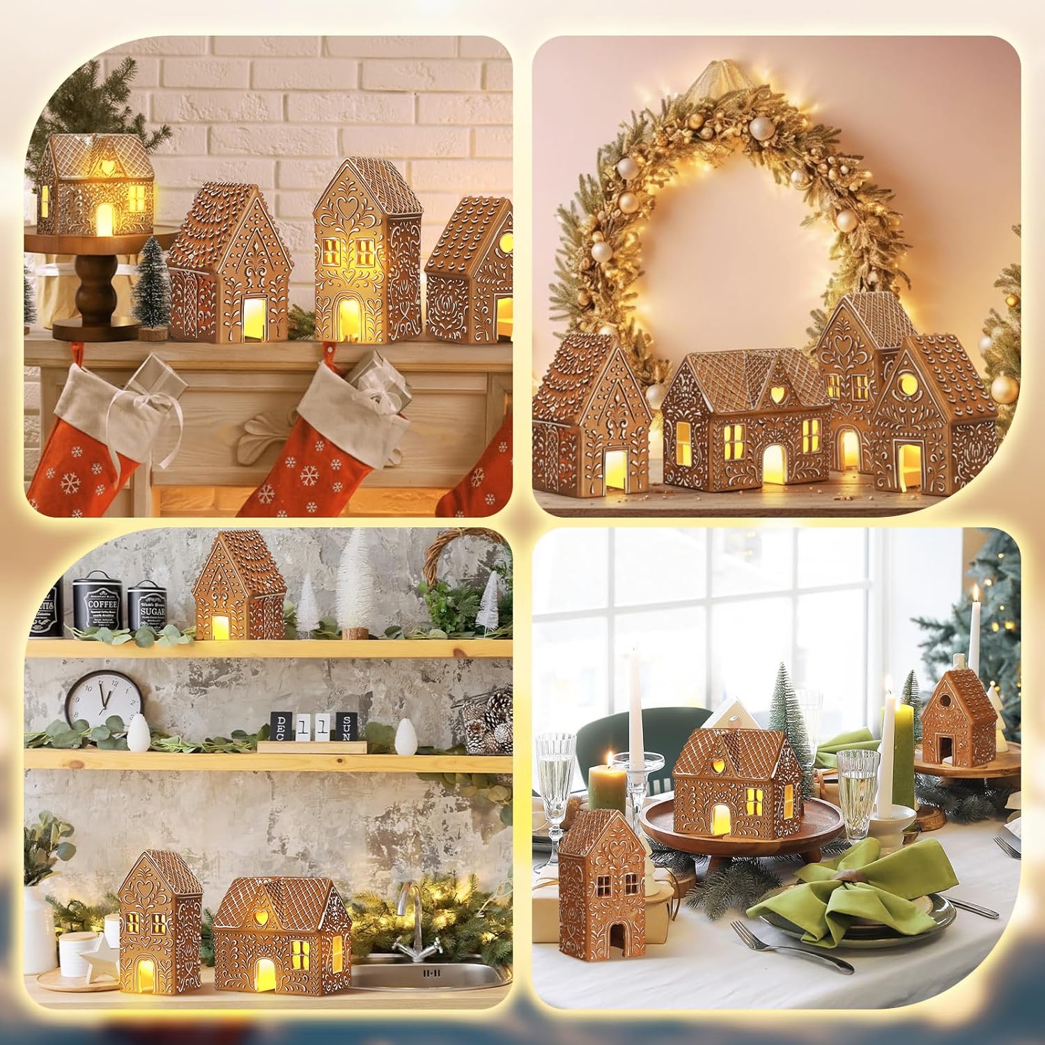 Thyle Christmas Lighted Gingerbread House Figurine - 4 Pcs Resin Village Decor with LED Lights