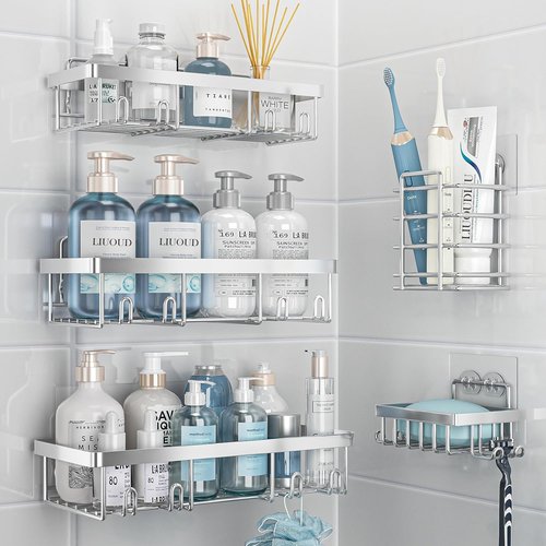 Liuoud Shower Caddy Organizer - Rustproof Stainless Steel Wall Storage Basket | 5 Pack, Large Capacity, Silver