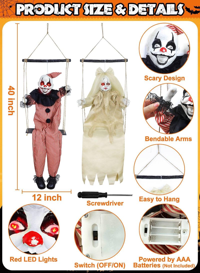 [Sound Activated] 2 Pack Hanging Halloween Decorations Outdoor, 40" Hanging Swinging Clown and Girl Ghosts Decor with Lighted Up Eyes Creepy Sound Expressions for Halloween Party Porch Haunted House
