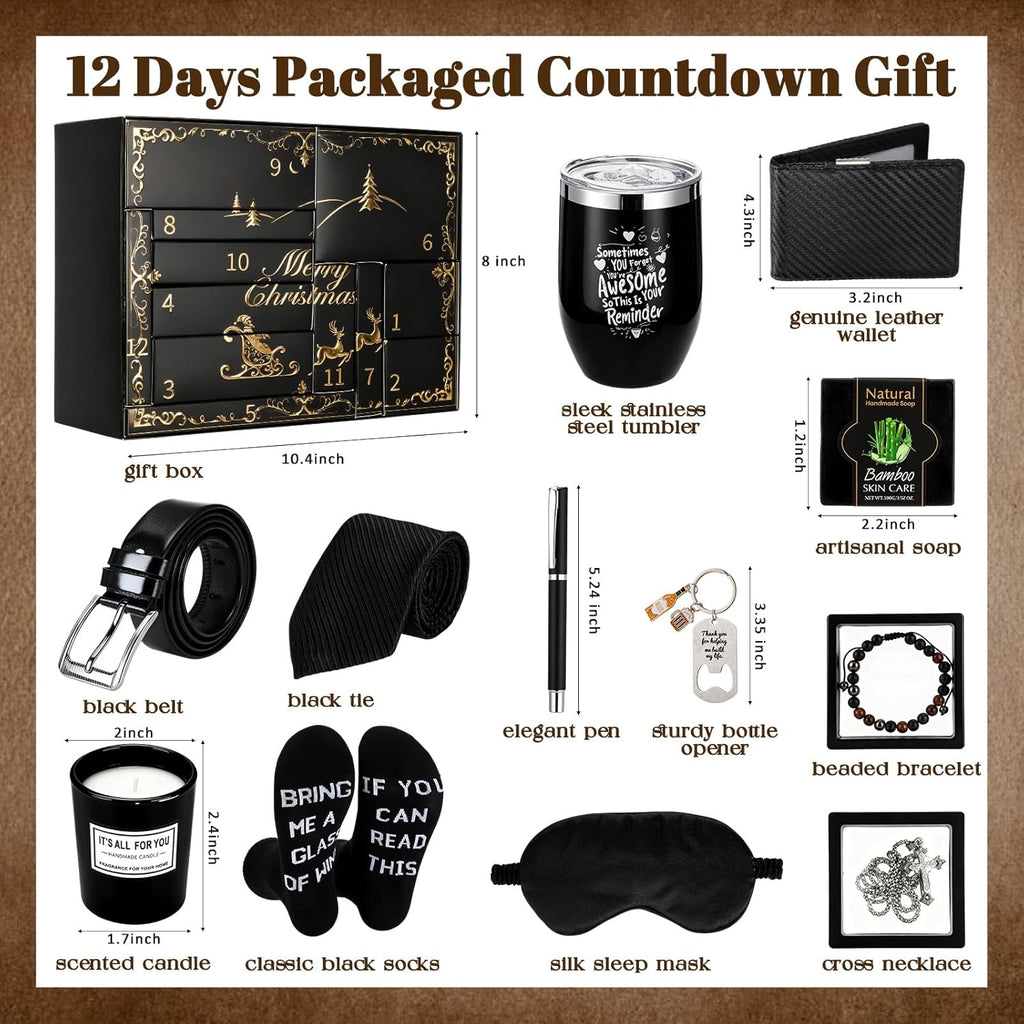 Patelai 12 Days Men's Advent Calendar - Black & Gold Grooming Essentials | Perfect Gift for Him