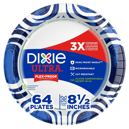 Dixie Ultra, Medium Paper Plates, 8.5 Inch, 64 Count, 3X Stronger*, Heavy Duty, Microwave-Safe, Soak-Proof, Cut Resistant, Disposable Plates For Heavy, Messy Meals