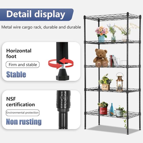 FDW Adjustable 5-Tier Pantry Shelves - Metal Storage Rack for Kitchen & Garage | Black, 22L x 12W x 48H