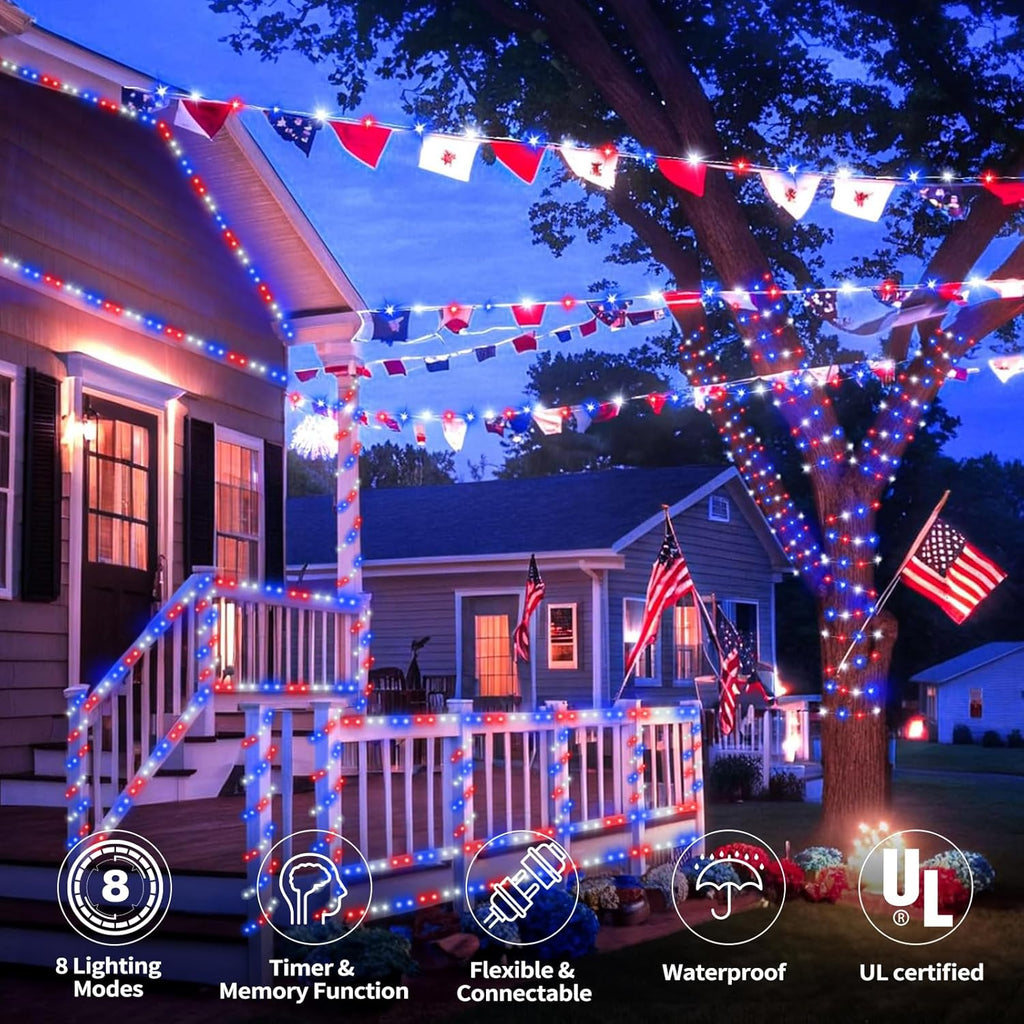 Skiennix 50ft LED Rope Lights - Waterproof, Connectable & Flexible Tube Lights | 8 Modes for Indoor/Outdoor Decor (Red, White & Blue)