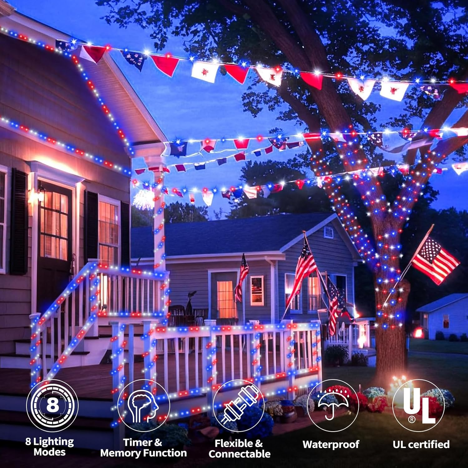 Skiennix 50ft LED Rope Lights - Waterproof, Connectable & Flexible Tube Lights | 8 Modes for Indoor/Outdoor Decor (Red, White & Blue)
