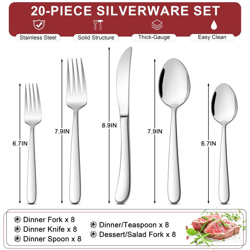 E-far Heavy Duty Silverware Set for 4, 20-Piece Stainless Steel Flatware Cutlery Set, Heavy Weight Metal Tableware Eating Utensils for Home Restaurant Weddings, Mirror Polished & Dishwasher Safe