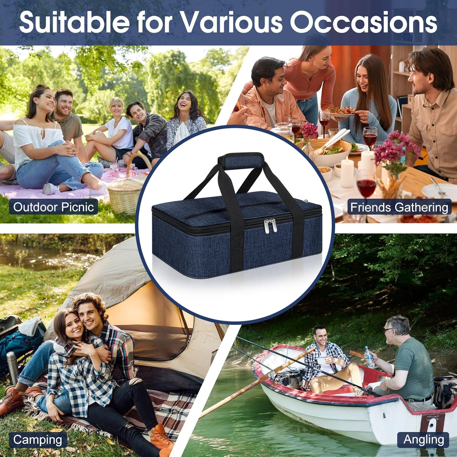 Skiennix Insulated Casserole Carrier - Portable Lunch Tote for Hot/Cold Food | Fits 9" x 13" Dish - Navy Blue