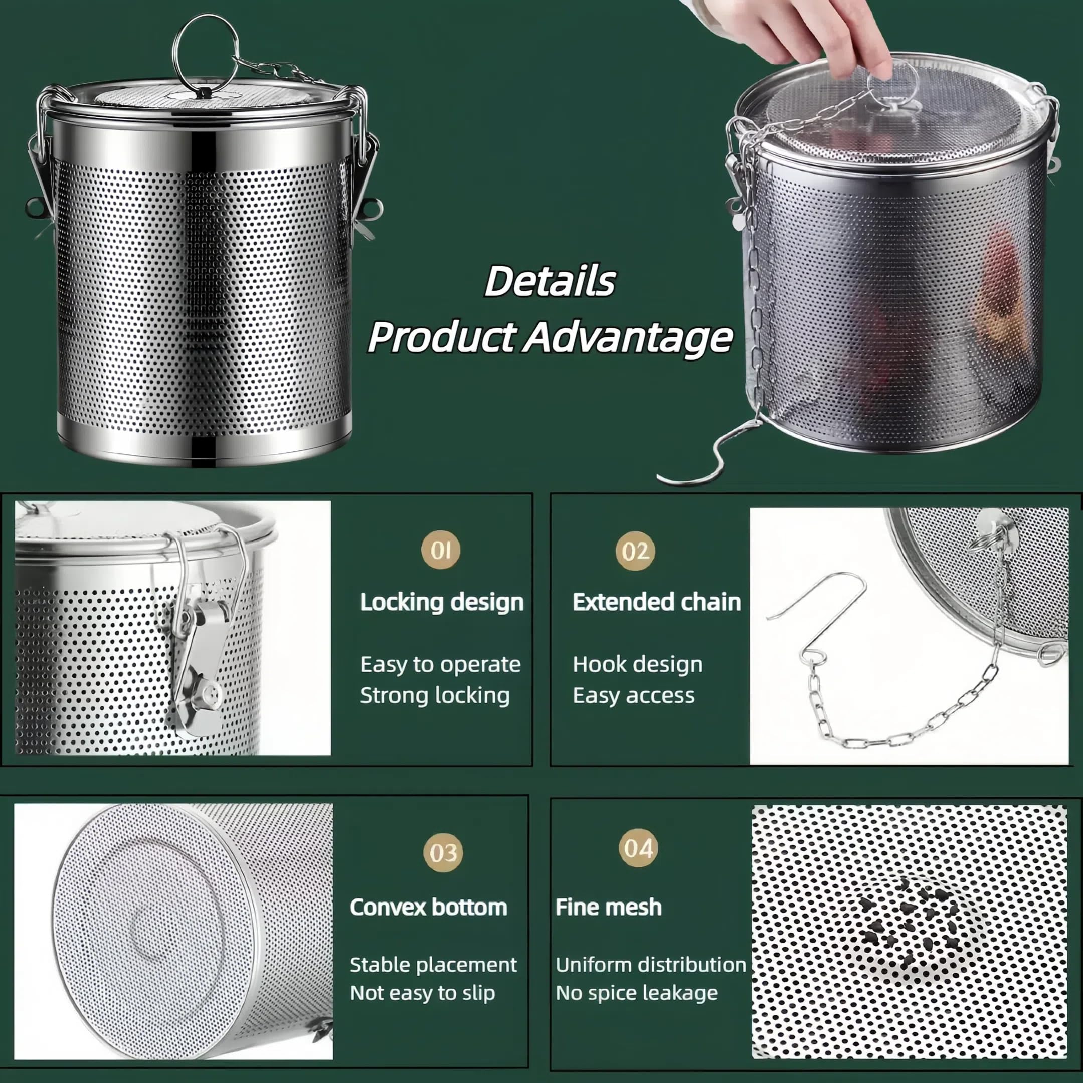 Vexillaris Seasoning Strainer, Stainless Steel Spice Filter, Cooking Spice Filter, Mesh Design Tea Ball Strainer Soup Seasonings Seperation Basket Filter with Chain Hook for Home Restaurant (0.86L)