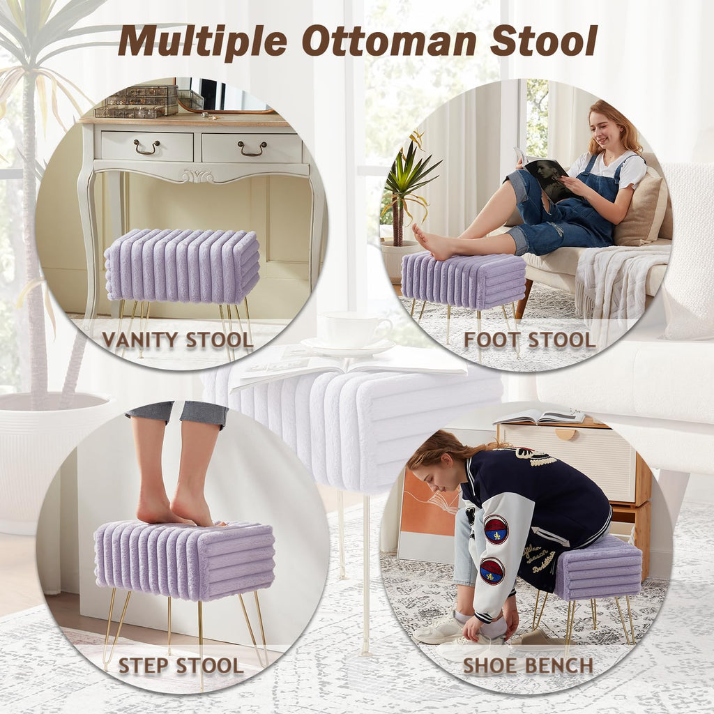 EBENCHICO Vanity Stool Chair with Storage, Faux Fur Stools for Vanity Makeup, Foot Stool Ottoman with 4 Metal Legs, Small Vanity Bench Seat Chairs for Living Room Bedroom