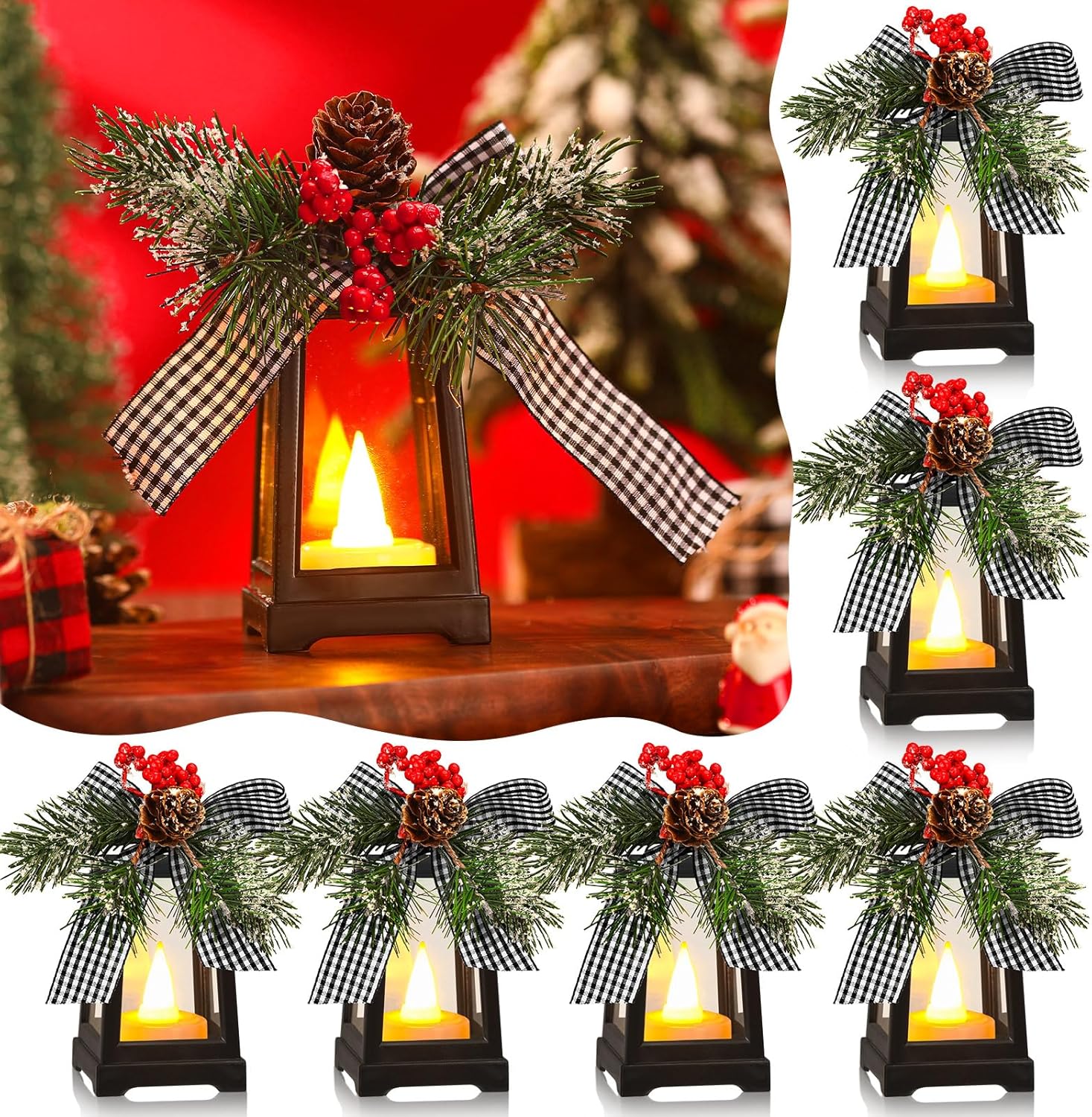 Regine Switzerland Christmas Mini Lanterns - Set of 6 Flickering LED Flameless Decor | Black & White Bow