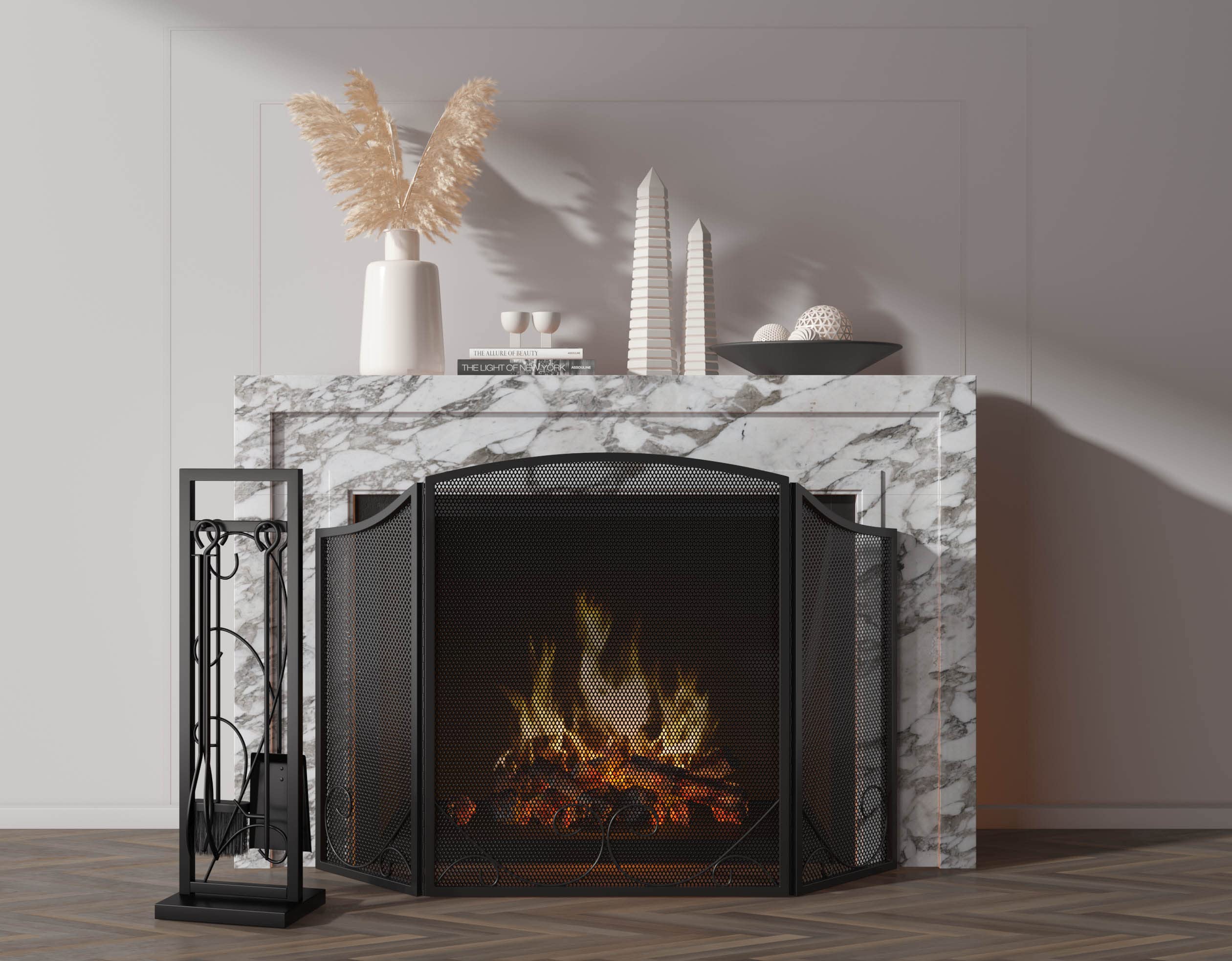 Lizh Metalwork 5 Piece Black Steel Fireplace Tool Set Fireplace Tool Furnace Accessory Kit,Fire Place Set Tools Include Poker,Tongs, Shovel,Brush and Stand Accessories Set,Black