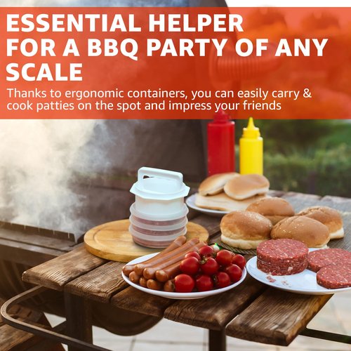 Mission Gallery Hamburger Press Patty Maker - 4 in 1, Burger Mold, Patty Press, 8 Storage Containers, 100 Round Papers - Hamburger Patty Maker Tool for BBQ - Burger Shaper for Meat, Veggie Patties