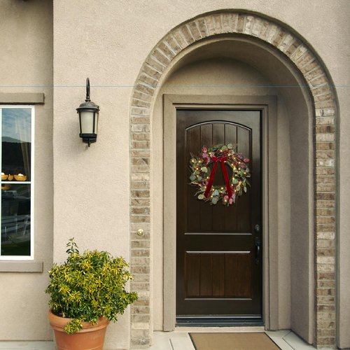 24 Inch Pre-Lit Artificial Christmas Wreath for Front Door Welcome - Realistic Frosted Eucalyptus Black Berries Red Velvet Bow - 50 LED Battery Operated Timer for Indoor Outdoor Modern Farmhouse