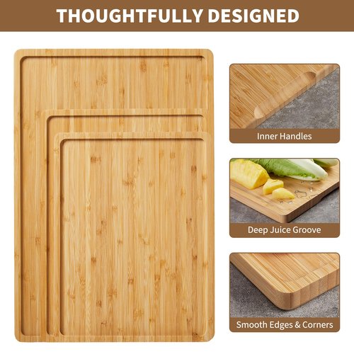 GarveeHome Bamboo Wood Cutting Boards Set of 3 with Holder – Kitchen Chopping Boards with Inner Handle and Deep Juice Groove, Ideal Serving Trays for Fruits, Meats, Cheeses, and Veggies