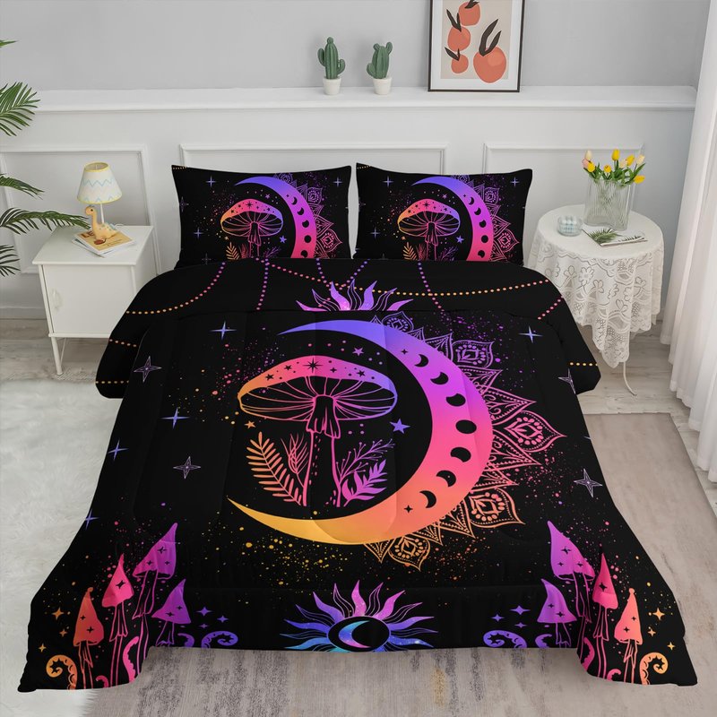 Axolotl Sun and Moon Bedding Set Queen Size,Mushroom Comforter,3Pcs Boho Exotic Bed Set,Bohemian Bedding,Cosmic Planets Astrology Comforter for Adults Women Teens,1 Quilt 2 Pillowcases,Black