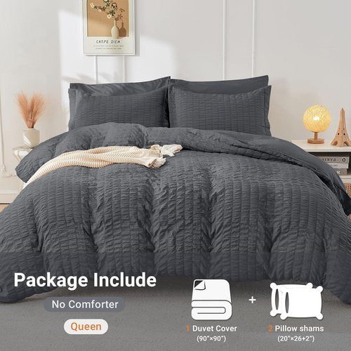 HYMOKEGE Queen Size Duvet Cover Set - Ultra Soft 3-Piece Seersucker Bedding in Dark Grey | Zipper Closure & 8 Corner Ties