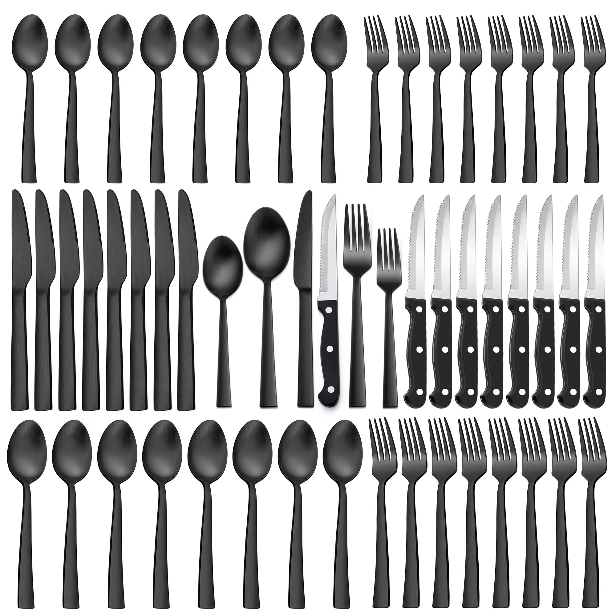 LIANYU 48-Piece Matte Black Silverware Set with Steak Knives, Stainless Steel Flatware Cutlery Set for 8, Square Eating Utensils Tableware Include Forks Knives Spoons, Dishwasher Safe