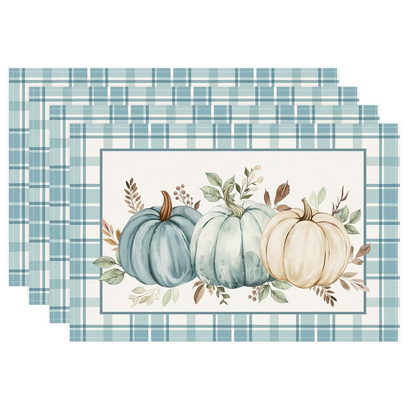 Bonhause Pumpkins Eucalyptus Leaves Fall Placemats Set of 4, 12x18 Inch Blue Buffalo Plaid Autumn Thanksgiving Kitchen Dinning Table Mats Washable Place Mats for Indoor Outdoor Home Party Decor