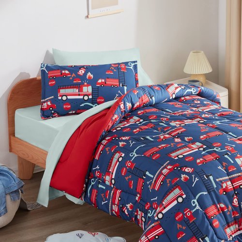 SLEEP ZONE Kids Bedding Comforter Set Full/Queen Size - Super Soft & Cute Printed 3-Piece Comforter Set All Seasons for Boys, Girls, Fade Resistant, Machine Washable, Fire Truck