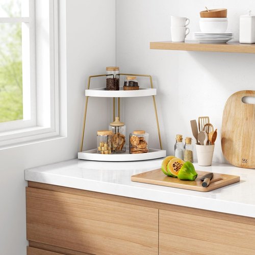 Forbena Corner Bathroom Organizer - 2-Tier Countertop Storage for Makeup & Skincare | White & Gold