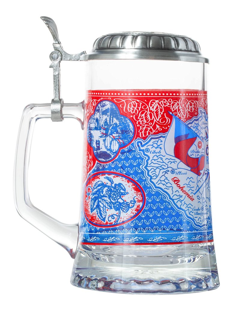 Czech Republik Heritage Flag & Map Glass Beer Stein with Metal Lid and Thumb Lift